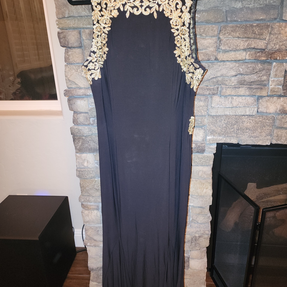 Betsy & Adam Black Maxi Dress with Gold Accents